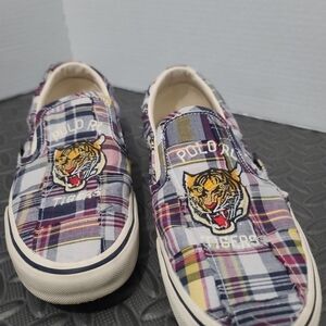 Plaid Slip-On Sneakers with Tiger Embroidery